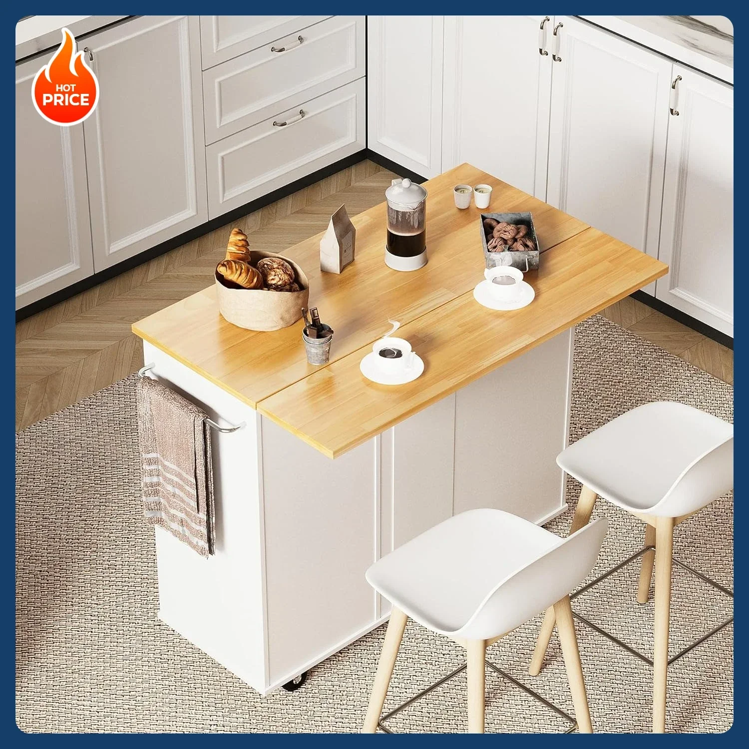 

[Best Seller!]Rolling Kitchen Island Cart with Folding Drop Leaf Breakfast Bar, Portable Trolley Island with Large Storage Cabin