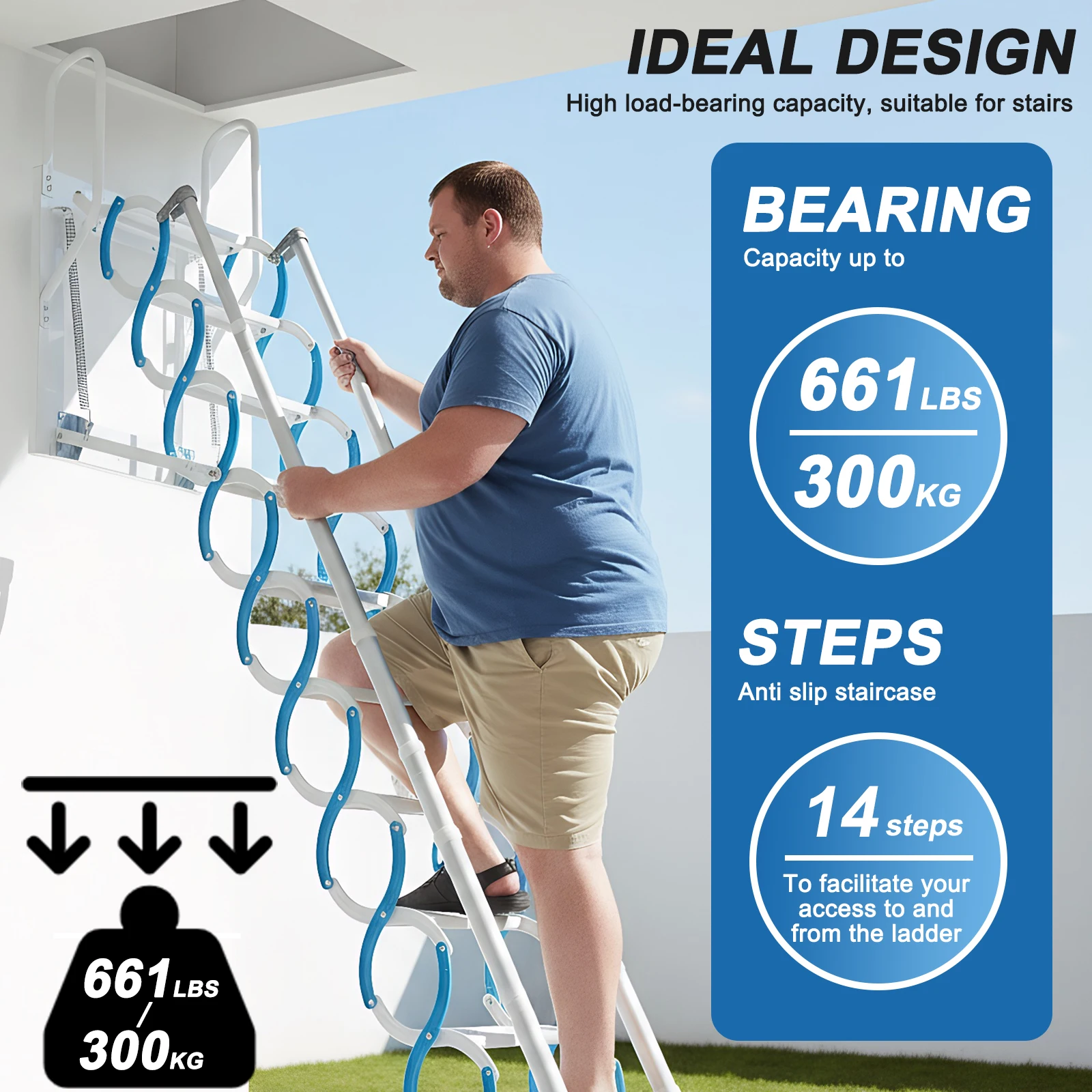

Ceiling Mount Attic Ladder Invisible Telescoping Attic Stairs Anti-Slip Feet S-Shaped Design Suitable for Garages Roofs Basement