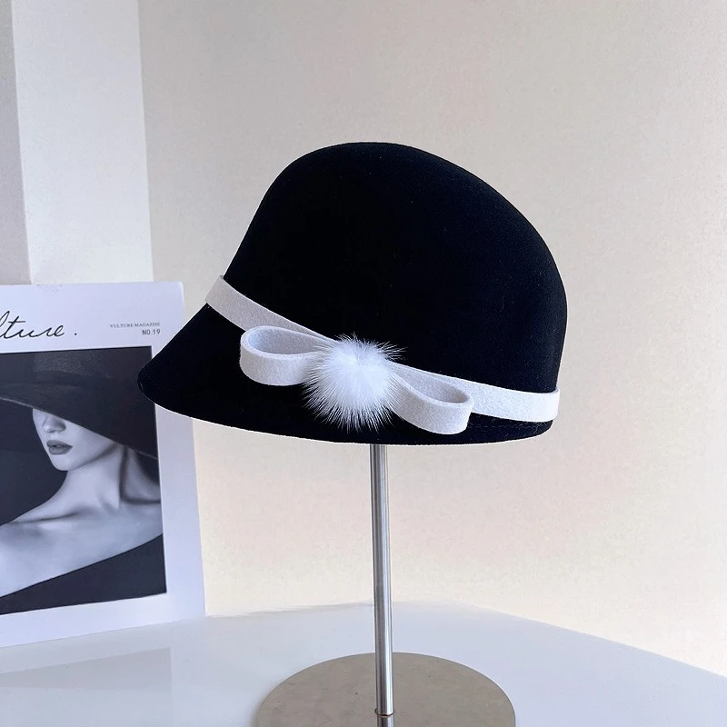 الموضة اليابانية الجديدة الانحناء الكريات الزخرفية الصوف الفروسية القبعات النساء الخريف الشتاء السيدات خمر قبعة فيدورا المجهزة قبعة قناع