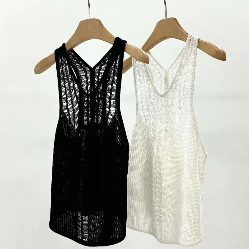 

Summer Atmosphere 18% Linen+56% Cotton+26% Nylon! Pure Hollow Knitted Vest For Women's Short