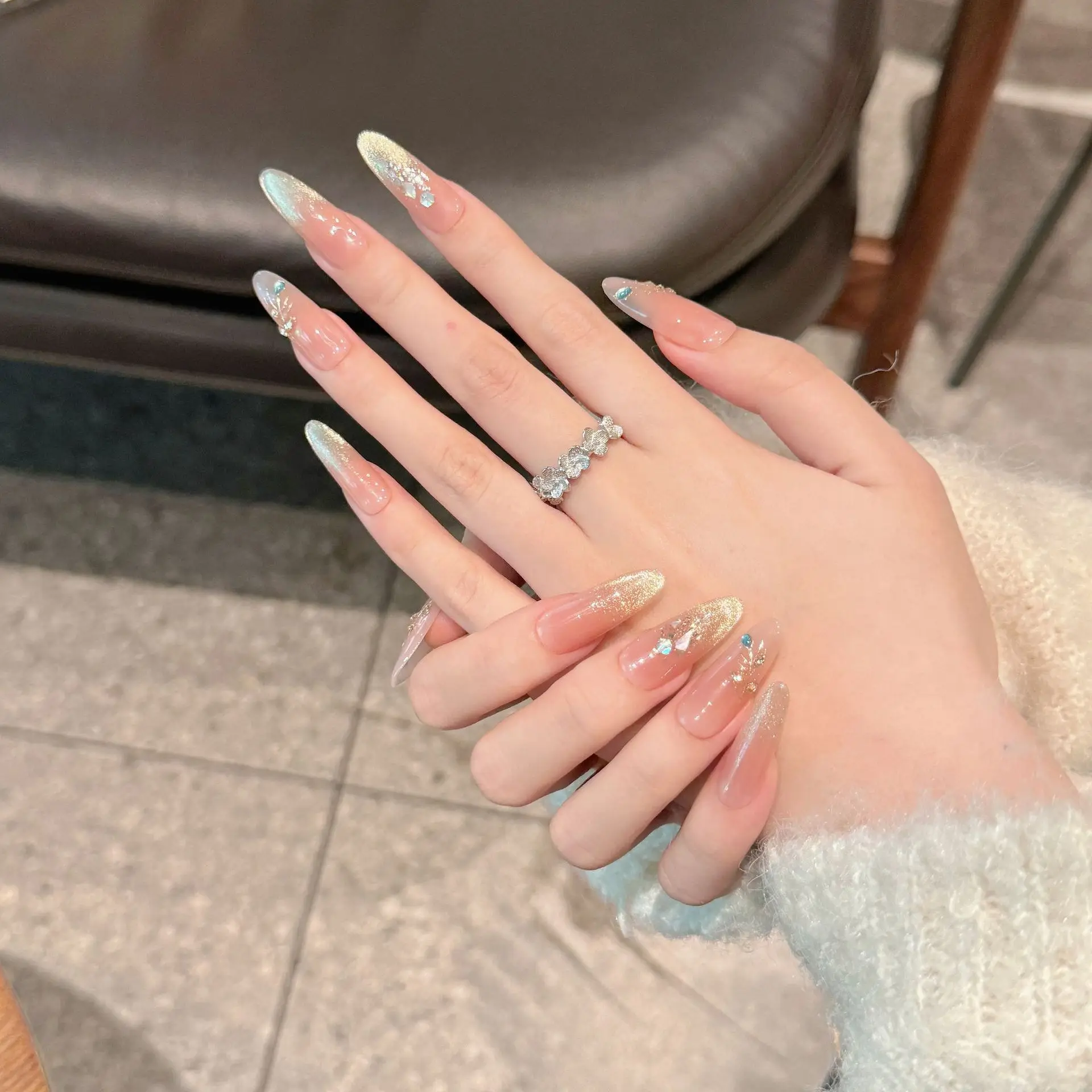 Faux ongles œil de chat rose faits à la main, strass papillon, à pression, longue tête ronde, réutilisables, couverture complète, pointe d'ongle, 10 pièces