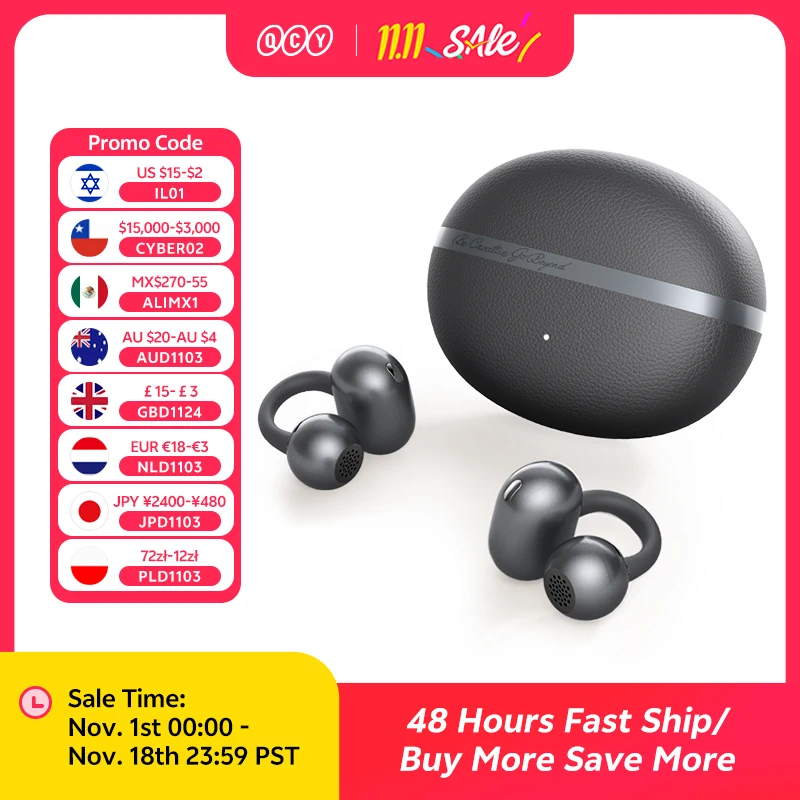 QCY Crossky C50 オープンイヤー ワイヤレスイヤホン Bluetooth 6.0 快適 クリップオンイヤホン 4マイク AIクリア通話 低音ブーストヘッドホン 35時間再生 スポーツ ランニング用