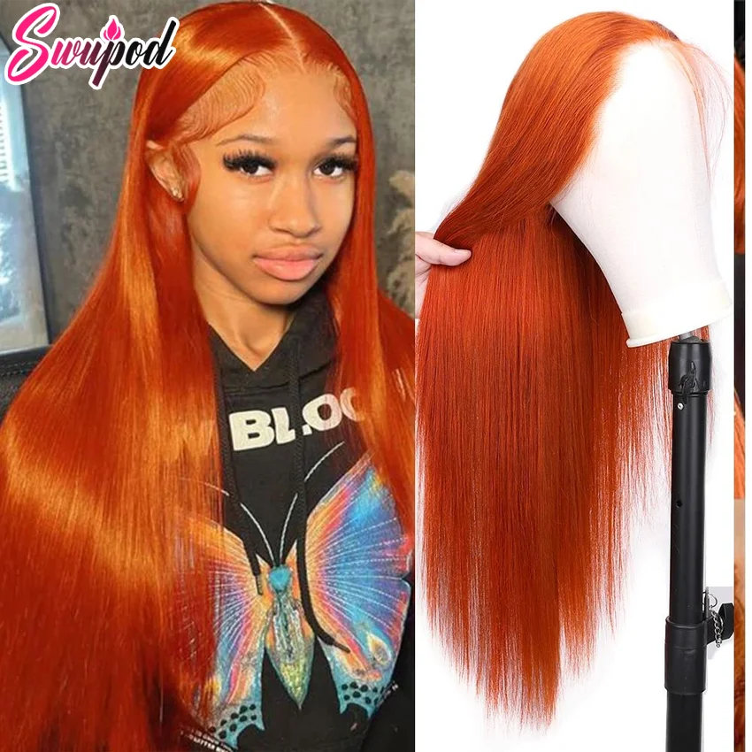 Remy Straight Lace Frontal Peruca com Cola, Cabelo Humano, Gengibre Laranja, Preto, Transparente, HD, 13x6, 200 Densidade