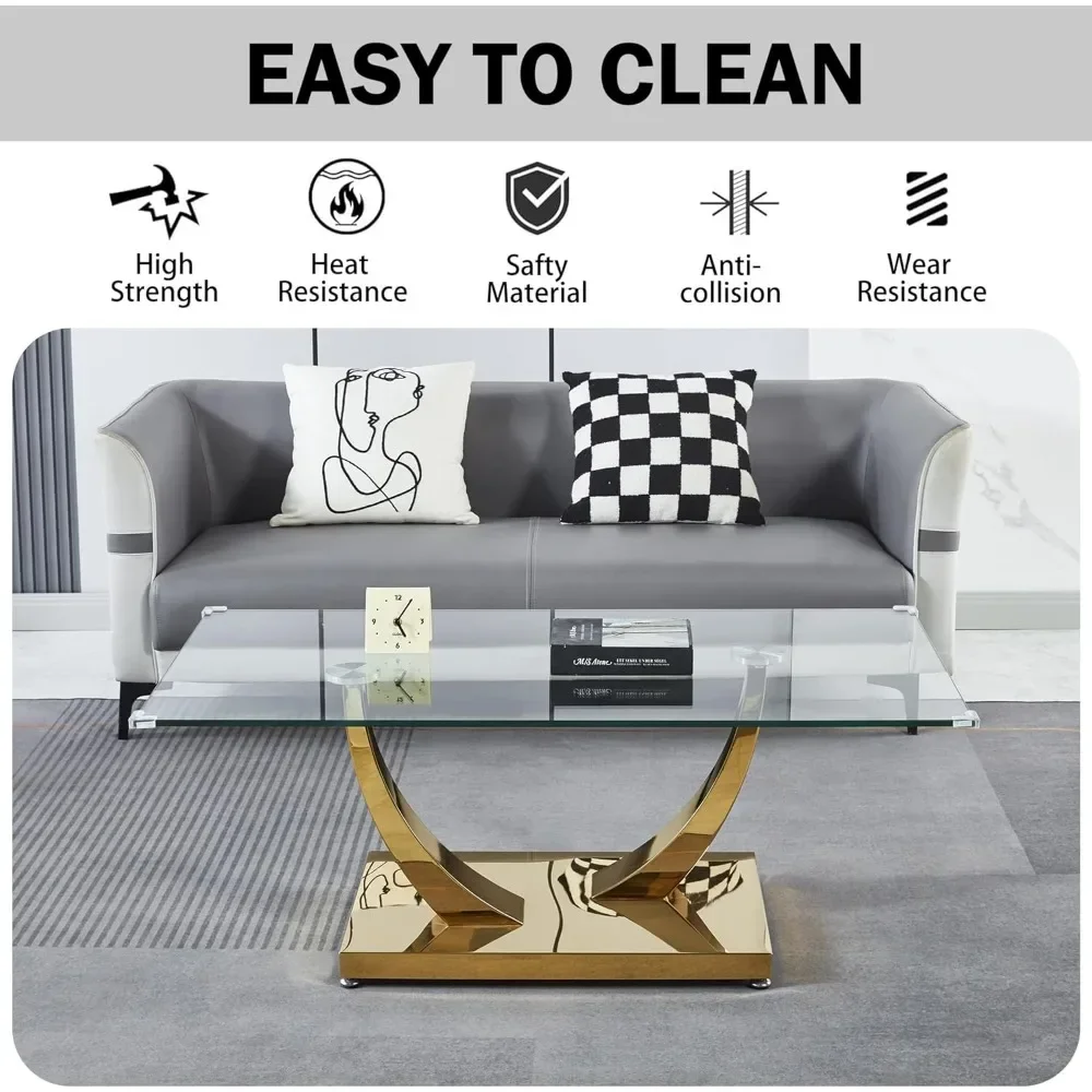 47" Clear Glass Coffee Table, Modern Gold Mirror Coffee Table with U-Shape Stainless Steel Legs, Tea Table