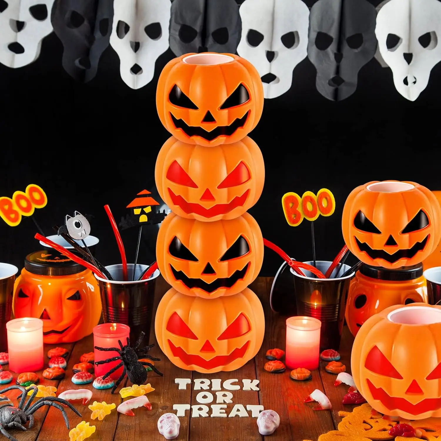 5pcs Halloween Pumpkin Ghost Skull Headed Bat Extrusion Decoration Props Decompression Thermoplastic Rubber Squeeze Bouncy Toy