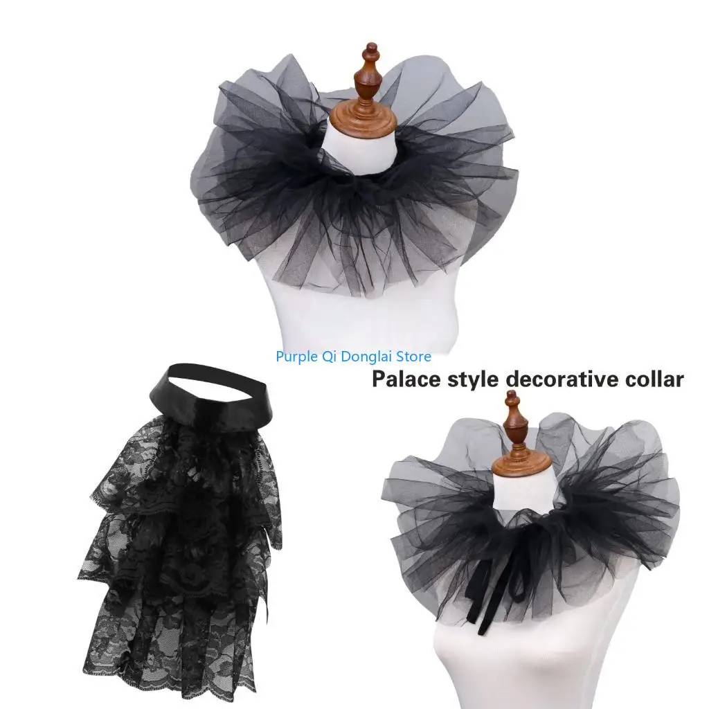 L21E Multiuse Mesh Jabot Collar Vintage Victorian Costume Collar Cosplay Accessory Decorative Neck Wear for Stage Performers