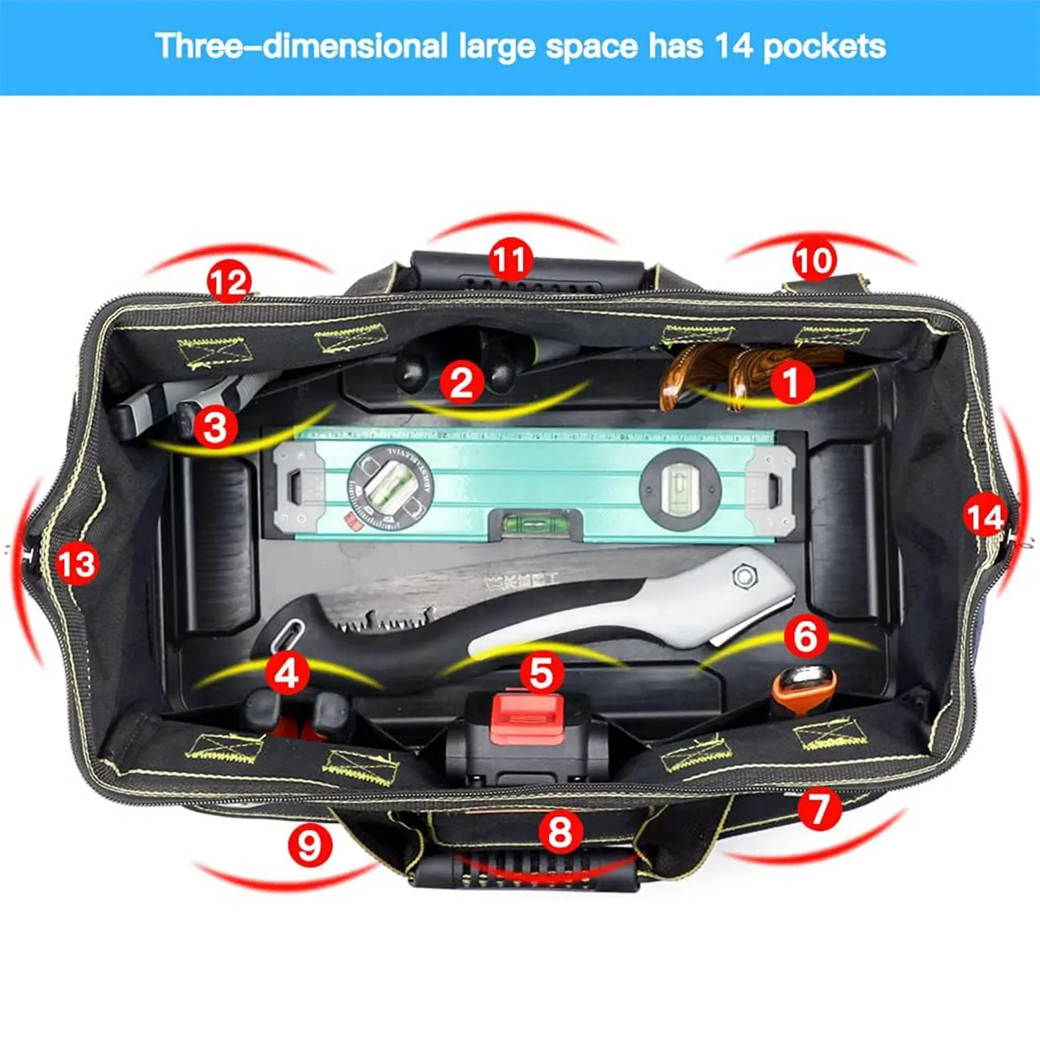 17&19 Inch Tool Bags,14 Pockets Organizer with Wide Mouth and Soft Bottom,Waterproof Portable Tool Bags Heavy Duty Storage Bag