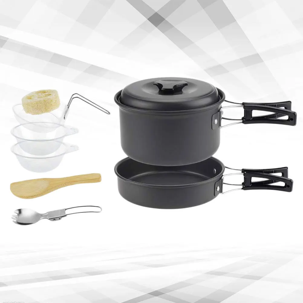 مجموعة واحدة من أواني الطبخ المحمولة للتخييم، مجموعة أواني النزهات المتينة، معدات الطبخ الخارجية متعددة الأغراض باللون الأسود تتسع لـ 1-2 أشخاص