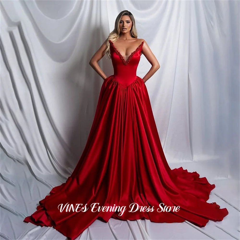 

VINES Red A Line Evening Dresses Sweetheart Satin Gala Dresses Pleated Prom Dresses with Beaded Trim Party Dress Customized