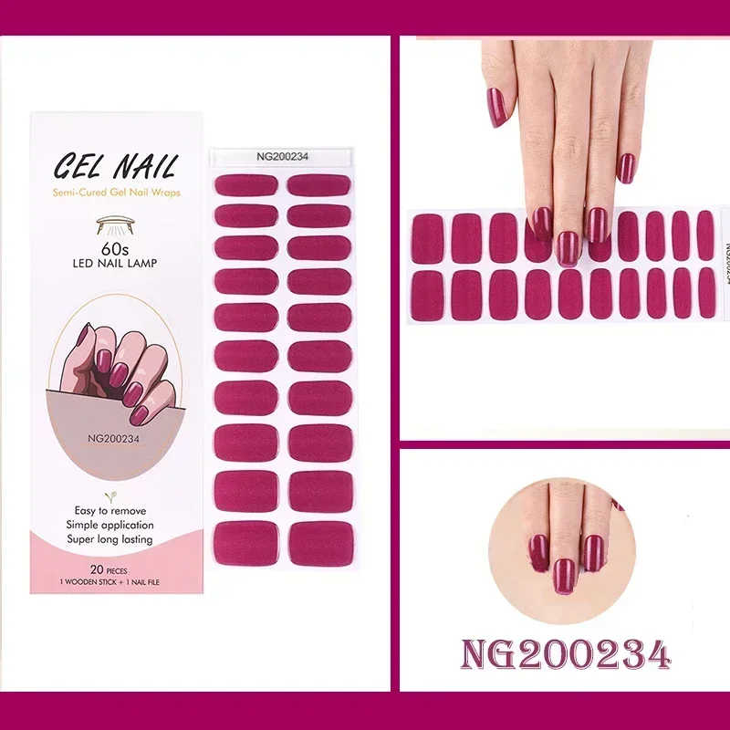 20Tips Nude Semi-Cured Gel Nail Patch Slider Adhesive Waterproof Long Lasting Aurora Full Cover Gel Nail Sticker UV Lamp Needed