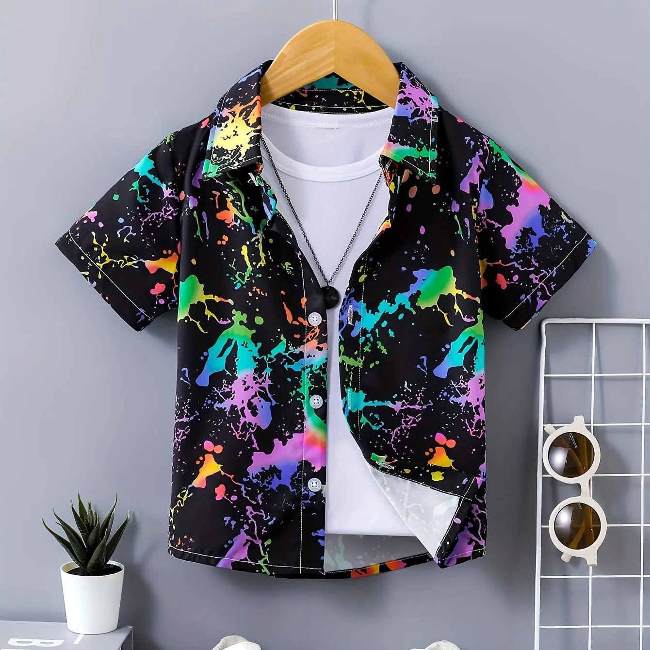 Colorful Splash Ink Print Boys Creative Shirt Casual Short Sleeve Lapel Shirts Tops Children Boys Clothes for Summer Outdoor