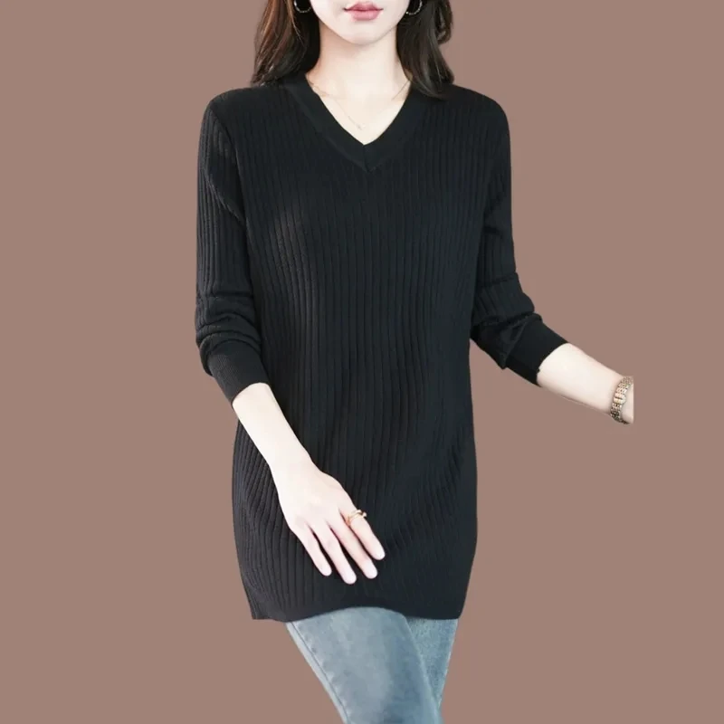 NEW Spring Autumn Large Size Knitted Sweater Women\'s Casual Loose V-Neck Long Knitwear Loose Solid Stretch Female Jumper Top 5XL