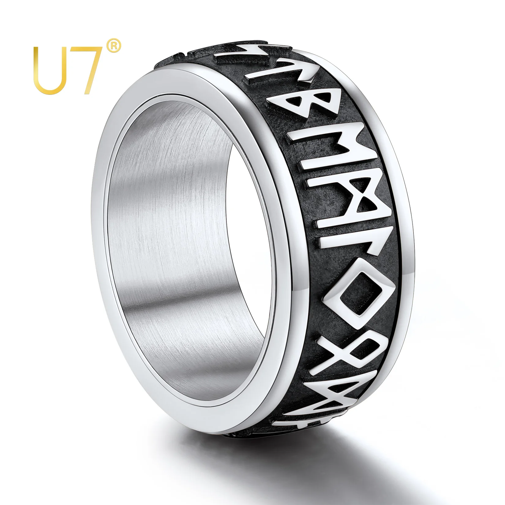 U7 Stainless Steel Norse Viking Runes Spinner Ring for Man Black Gold Color Rotatable Band Fidget Anxiety Release Unisex Jewelry