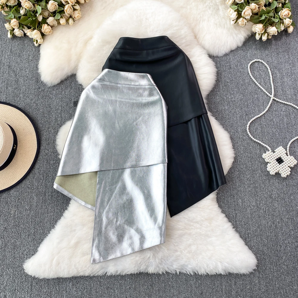 

Irregular Split PU Leather Skirt For Women's 2023 Autumn Winter New High Waist Slim A-line Wrapped Hip Bodycon Short Skirt