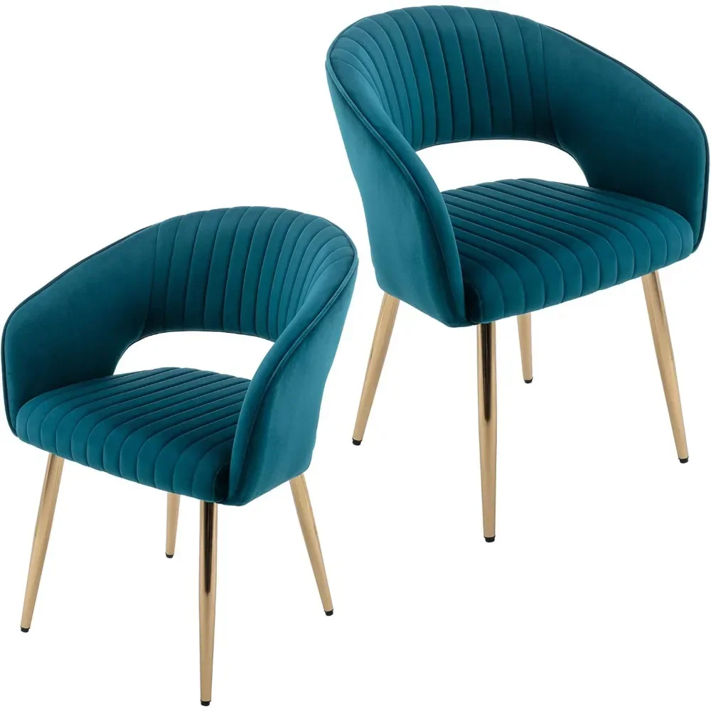 Dining Chairs with Gold Legs, Modern Upholstered Dining Room Chairs Set of 2 with Hollow Back Side Accent Chairs Arm Chair,Teal