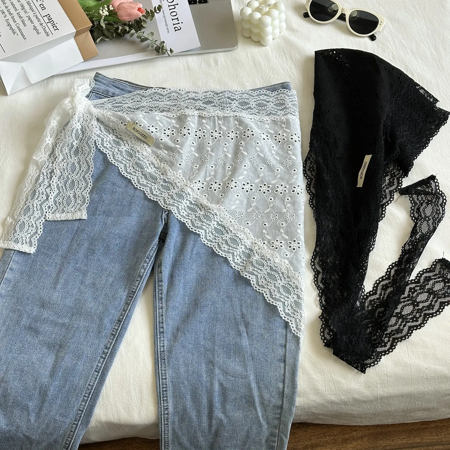 2026 New Korean Style Hollow-out Fart Curtain Breathable Dress with Briefs Hem Decorative Personality triangular bandage Scarf