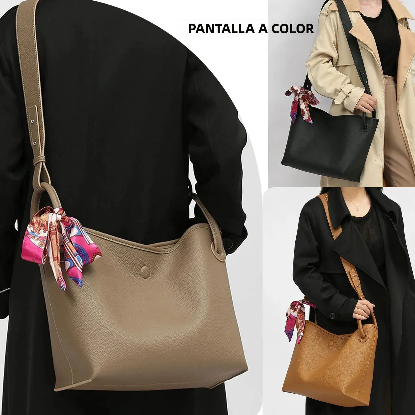 Bolso de mano de lujo ligero para mujer, de cuero PU, color sólido, 2 en 1, bandolera y de hombro con bolsa interior desmontable.