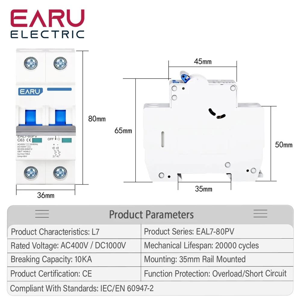 EARU L7 2P DC 1000V AC400V 6A-80A MCB Solar Power PV Photovoltaic Mini Circuit Breaker Over Load Short Circuit Protection Switch