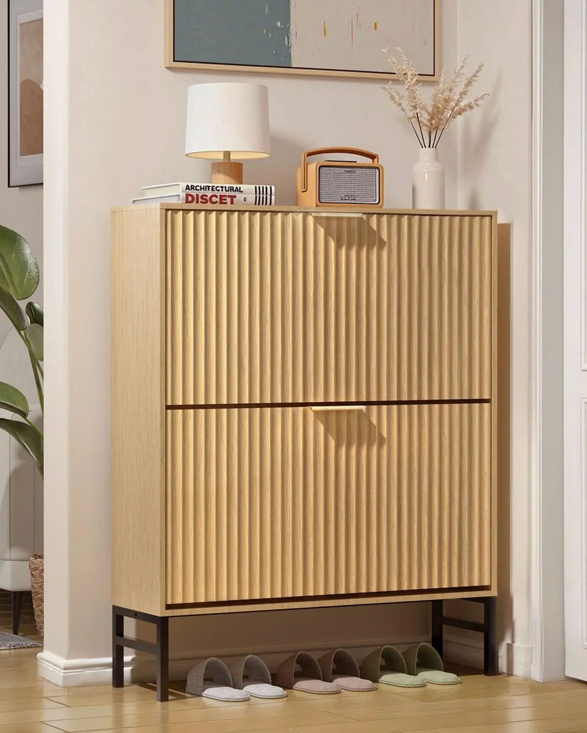 

Тумба для обуви с 2 выдвижными ящиками и откидной дверцей, узкая, в стиле середины века, с металлическими ножками, натуральный цвет, на заказ