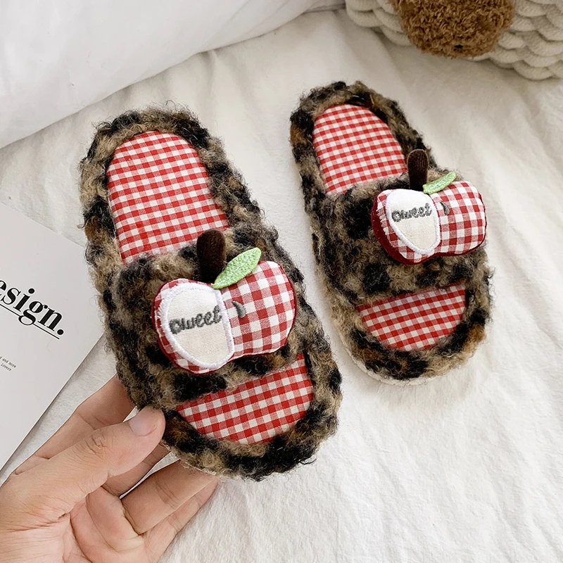 Winter Girls Embroidered Cotton Slippers New Warm Fluffy Children Leopard Flat Shoes for Home Soft Kids Open-toe Plush Slippers