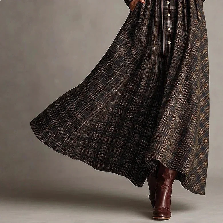 Vintage-Karo-Hemdkleid für Damen, langärmelig, mit Revers, Knopfleiste, Maxikleid mit Gürtel, elegantes, plissiertes, A-Linien-Swing-Kleid für den Herbst – Detail 4