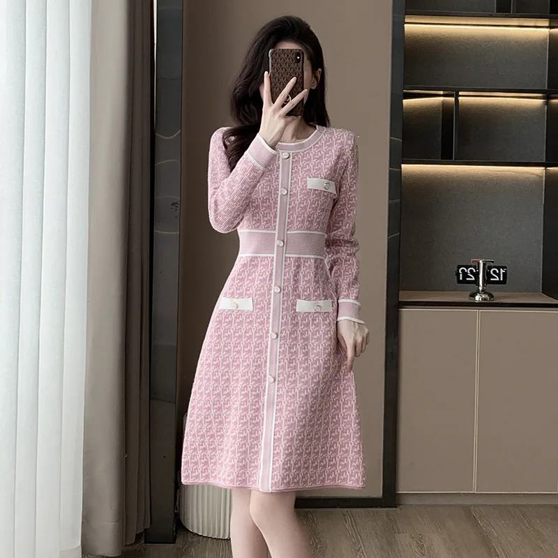 Pink Knitted Dress Women\'s Autumn New Round Neck High Waist Long Sleeve Slim Sweater A-line Small  Dress