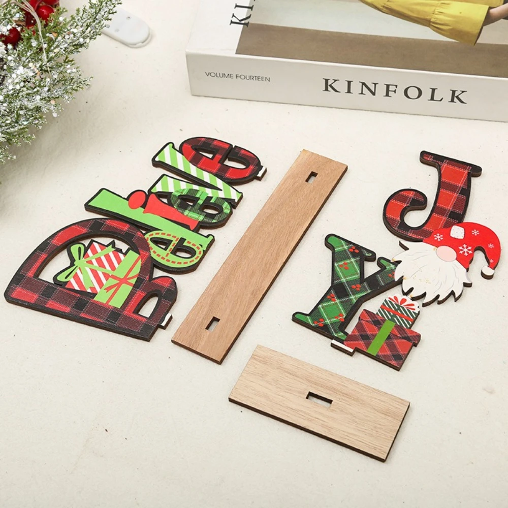 2pcs New Christmas Decoration Wooden English Printed Rudolf Figure-piece Christmas Home Punk Dining Table Office Decoration