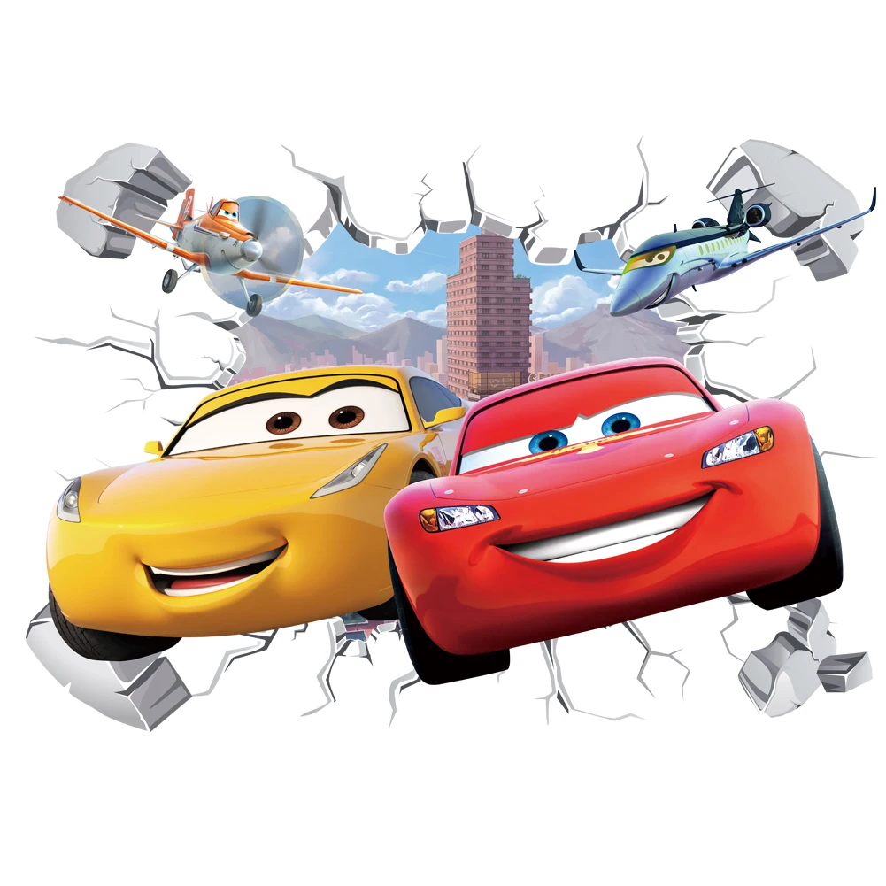 3D Brokenwall Lightning McQueen Cartoom Cars Wall Decor Decals For Boy Bedroom Kid Room Wallpaper Poster Mural Wall Stickers