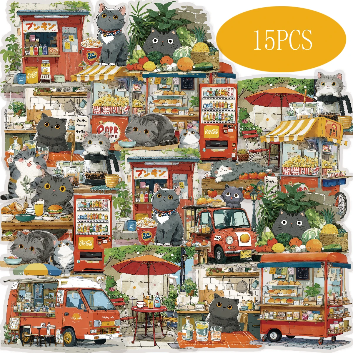 

Etori Life Street Vendor 15Pcs Street Cat Food Truck Stickers Healing-Themed Decorative Materials for Notebooks, Phone Stickers, Luggage, Photo Albums, Office Decoration Accessories, Handmade Scrapbook Supplies, DIY Crafts, Party Decorations, Back-To-Scho