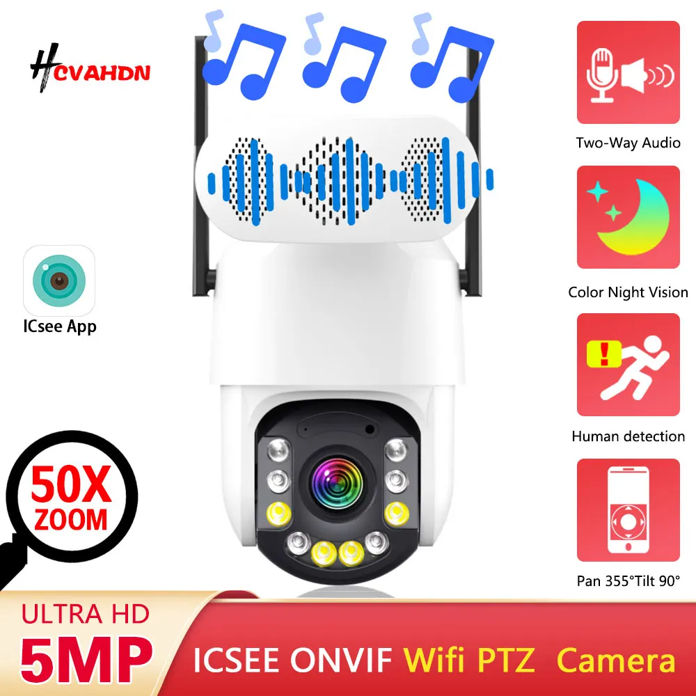 PTZ IP Security Camera 5MP ICsee Wifi 50X Zoom Outdoor Color Night Vision CCTV Video Surveillance Camera With Bluetooth Speaker