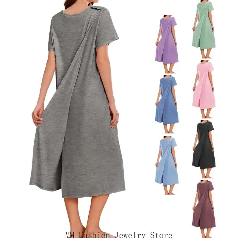 Women's Soft Cotton Hospital Gown Adaptive Nightgown with Back Opening Shoulder Snaps for Easy Dressing Nursing Care Use