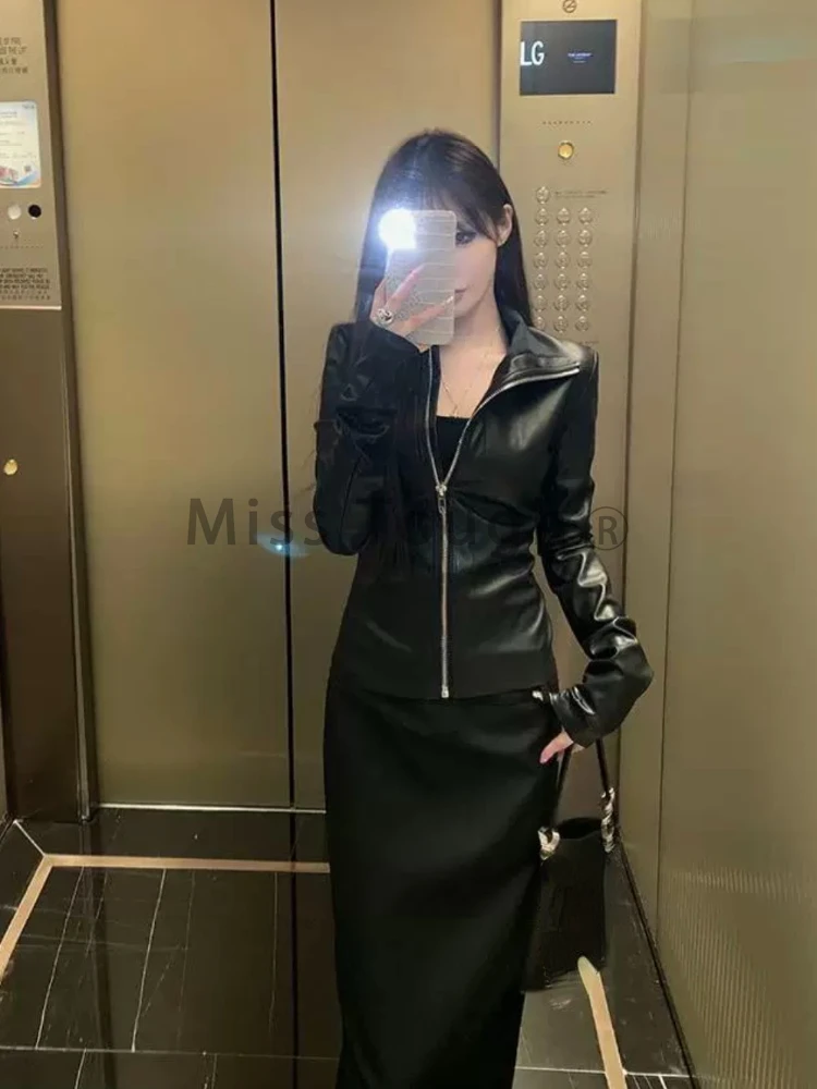 Y2k Aesthetic Streetwear Solid PU Jackets Women Fashion Zipper Slim Fit Cropped Coats Harajuku Casual Black Punk Mujer Chaqueta