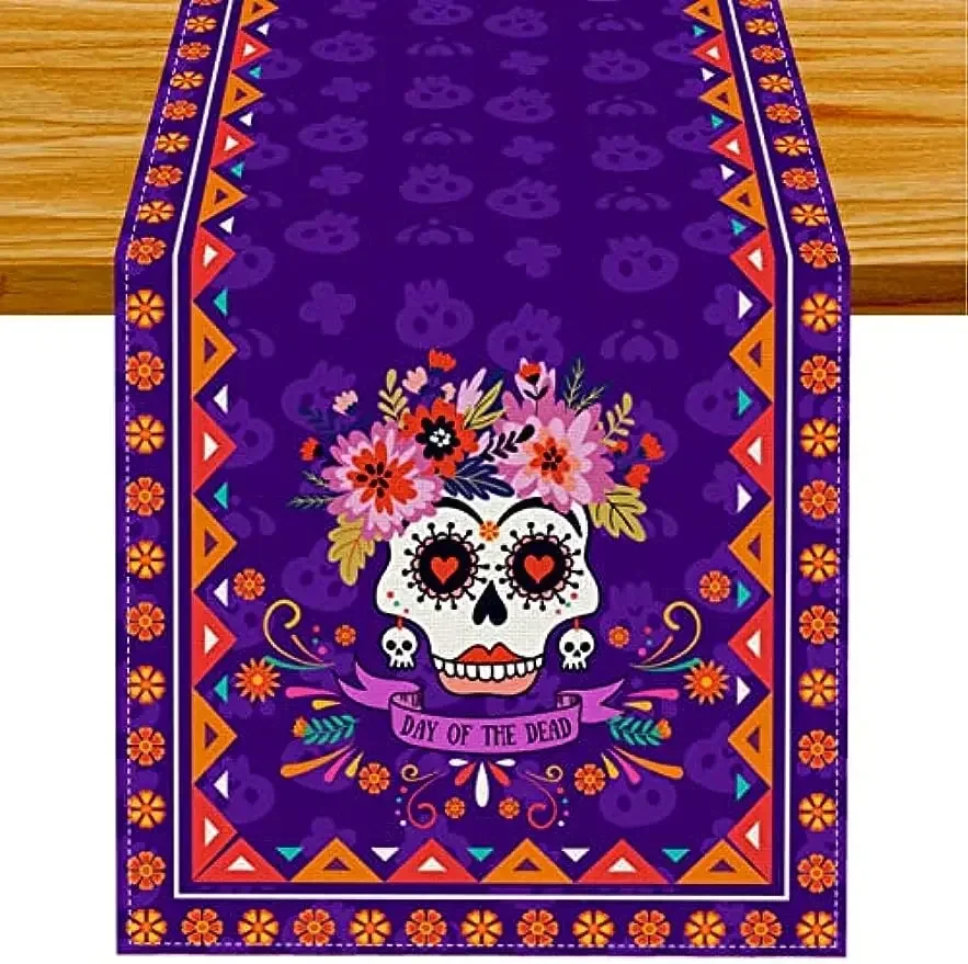 1pc Mexican Day of The Dead  Table Runner Table Decor Washable Dia De Los Muertos Sugar Skull Kitchen Table Runners Party Decor