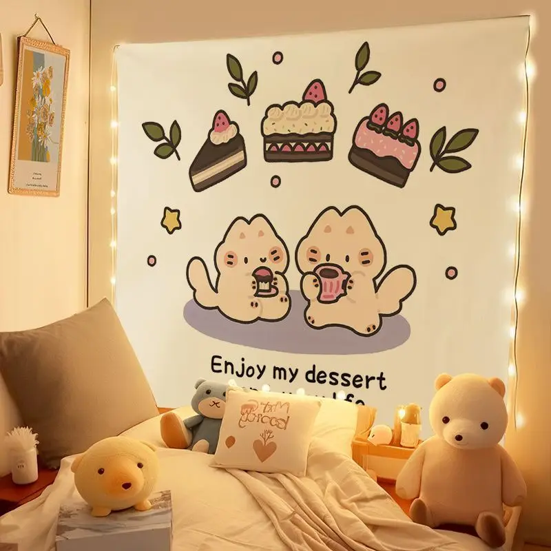 VIKAMA Cartoon Kitten Dessert Cake Tapestry, Sweet Wall Art Background Cloth for Cute Living Room Aesthetic Home Decor