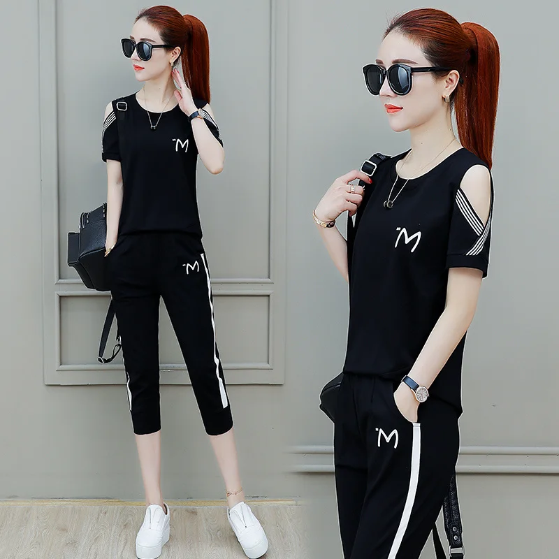 Women\'s Casual Suit Summer 2023 New Loose Sports Clothes Korean Short Sleeve T-shirt Capris Pencil Pants Two Piece Set For Women