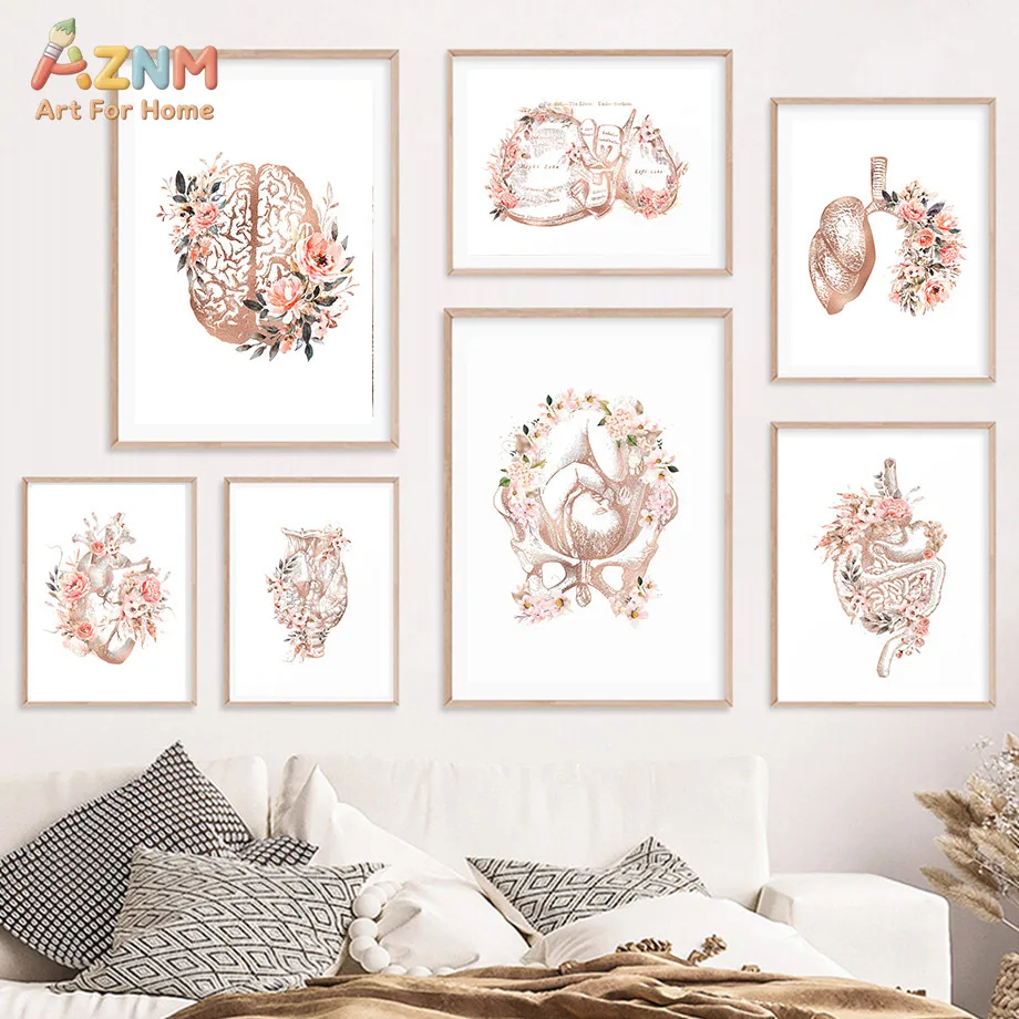 AZNM Rose Gold Floral Human Organ Anatomy Canvas Print Brain Heart Lung Pelvis Medical Art Unframed Canvas Wall Art Clinic Docto