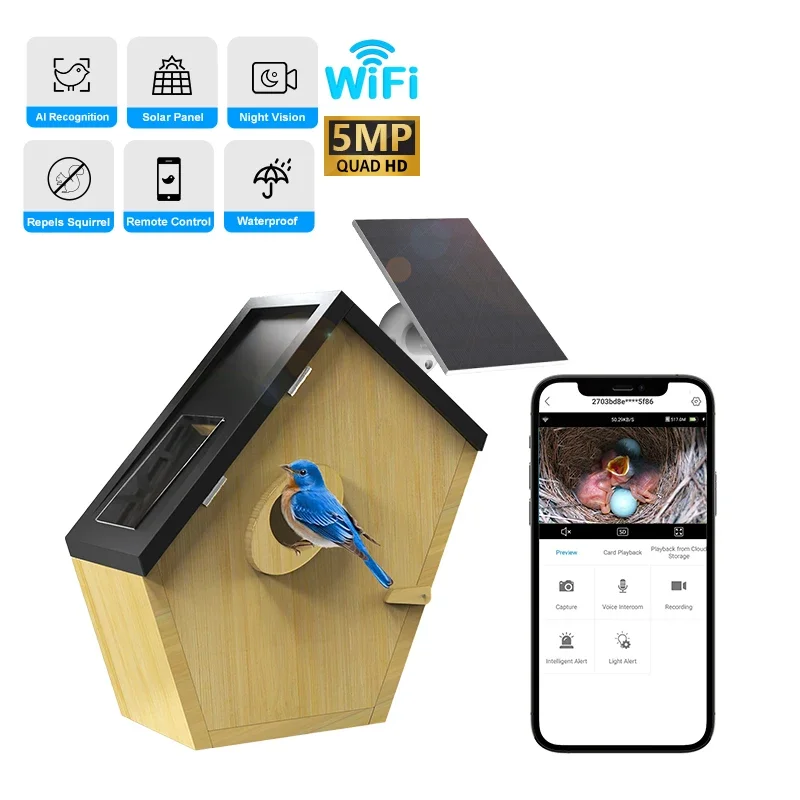 

5MP HD Natural Bamboo Solar Smart Birdhouse for Outdoor Use Squirrel Design 24/7 Recording Capture Every Frame of Growth