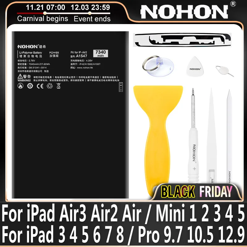 NOHON Battery For iPad Air 1 2 3 Mini 4 5 6 7 8 Air2 Air3 Pro 9.7 10.5 12.9 inch Tablet Bateria Replacement A1458 A1460 A1673