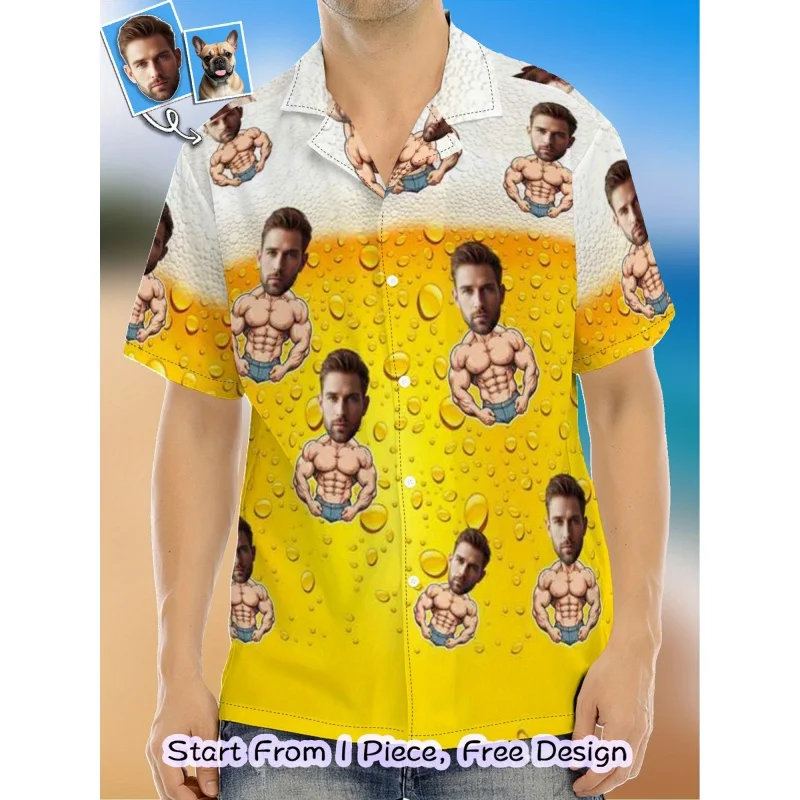 Music Beer Graphic Hawaiian Shirt For Men Customized Portrait 3D Print Short Sleeves Summer Aloha Shirts Street Blouse Lapel Top