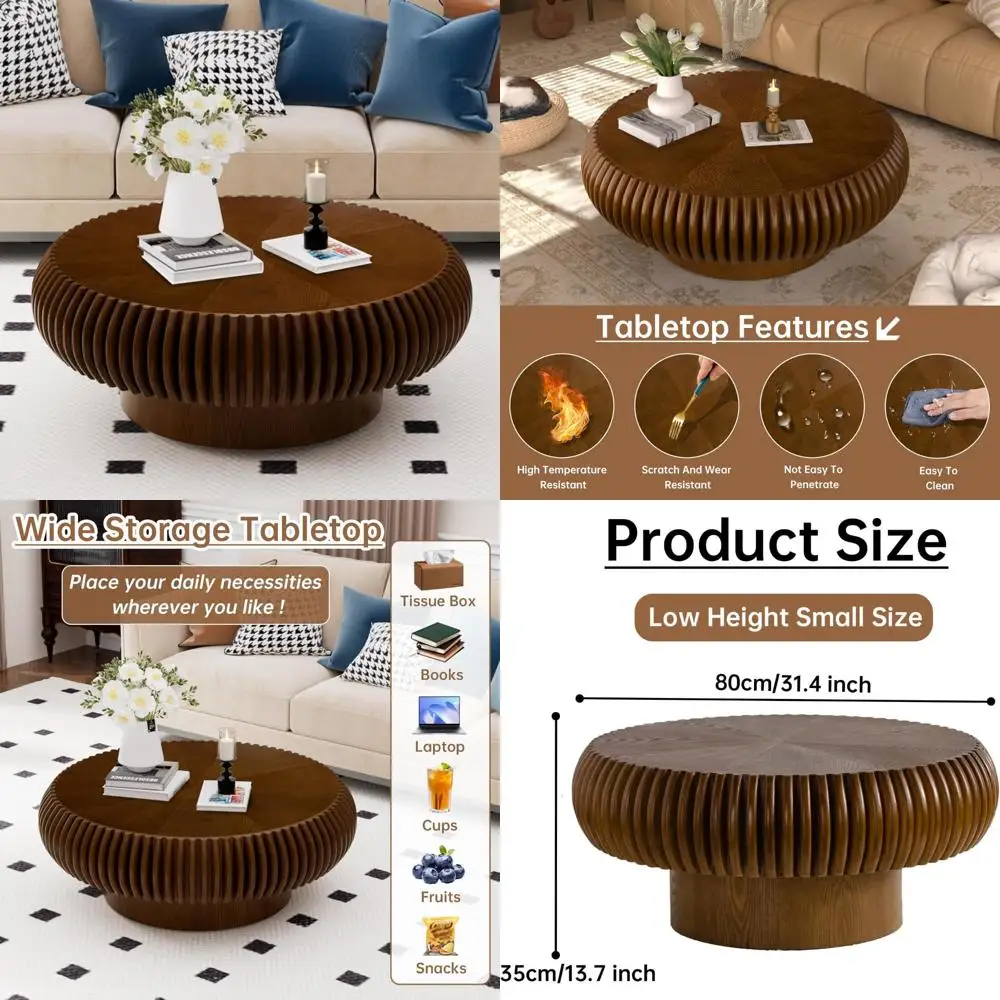 모던 플루티드 드럼 커피 테이블, 지름 31.4인치, 월넛 마감, 거실용