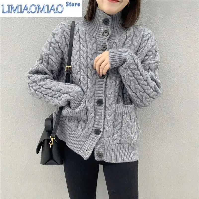 

New Cardigan Coat Women's Twist Stand Collar Casual Spring Autumn Retro Turtleneck Casual Outdoor Sweater