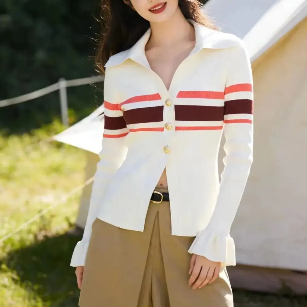

Women Striped color blocked knitted cardigan sweater single-breasted long sleeve fashion knit tops