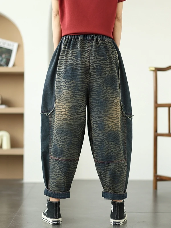 Damskie spodnie typu harlan z wysokim stanem i szerokimi nogawkami, na wiosnę 2025, nowe, z nadrukiem, łączone, dżinsowe, wyszczuplające.