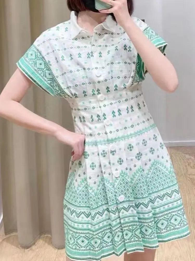 Women Green Embroidery Dress Short Sleeve Turn-down Collar Single Breasted Vintage Mini Robe