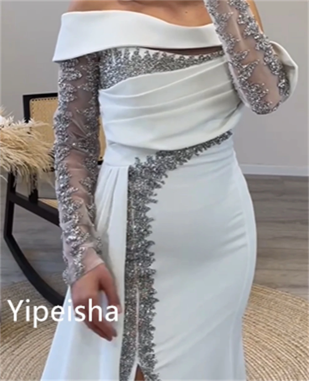 Yipeisha Retro Mode schulter freie Scheide Abend Cocktail Pailletten Falte drapiert Satin Promi Kleider