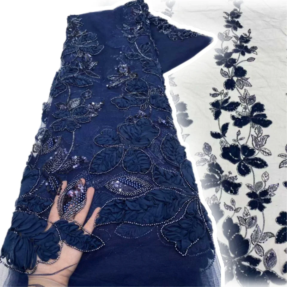 

3D African Handmade Sequins Net Pearls Lace Fabric French Heavy Beaded Tulle Lace Fabric for Bridal Party Dress Material TP1486