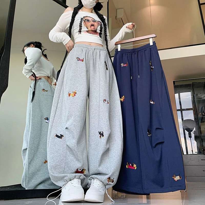 Cute Dog Embroidery Pants Women Autumn Casual High Waist Fashion Wide Leg Pant American Loose Cartoon Kawaii Female Trousers New