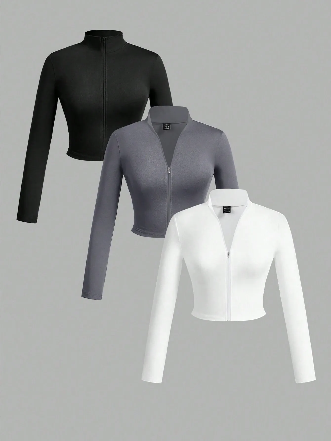

3 шт. женские повседневные укороченные топы на молнии с длинными рукавами, черный, серый, белый цвет, осень-зима