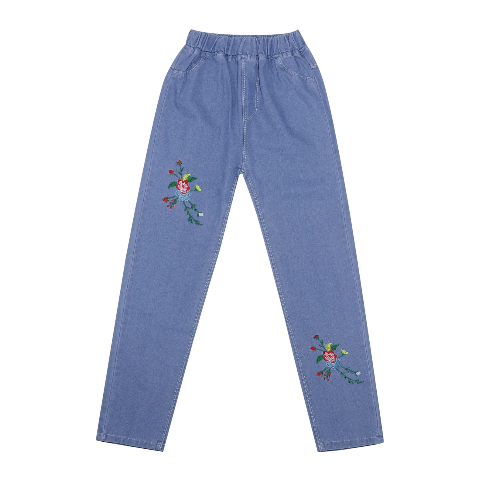 2024 New Autumn Kids Flower Jeans Girls Korean Embroidered Flower Trousers Children Denim Blue Pants Casual Loose Pants