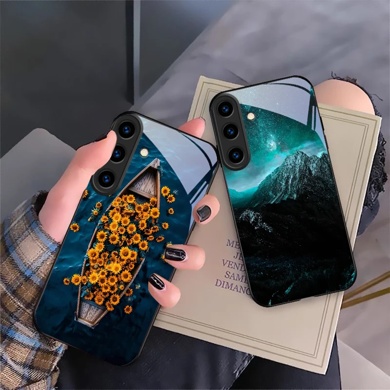 Warm orange halo tree For Samsung Galaxy S24 FE S23 S22 S21 S20 Plus S26 Ultra S25 Edge S25+ S24+ 22+ Black Glass Phone Case
